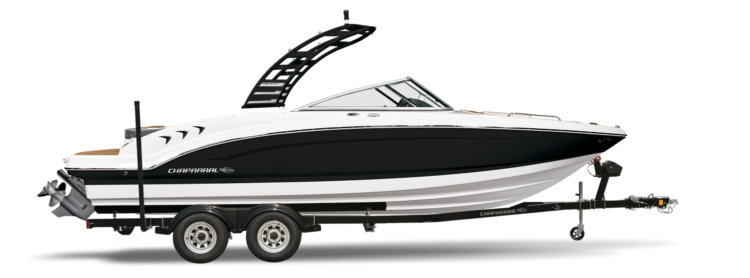 Black and white sport boat on trailer side view