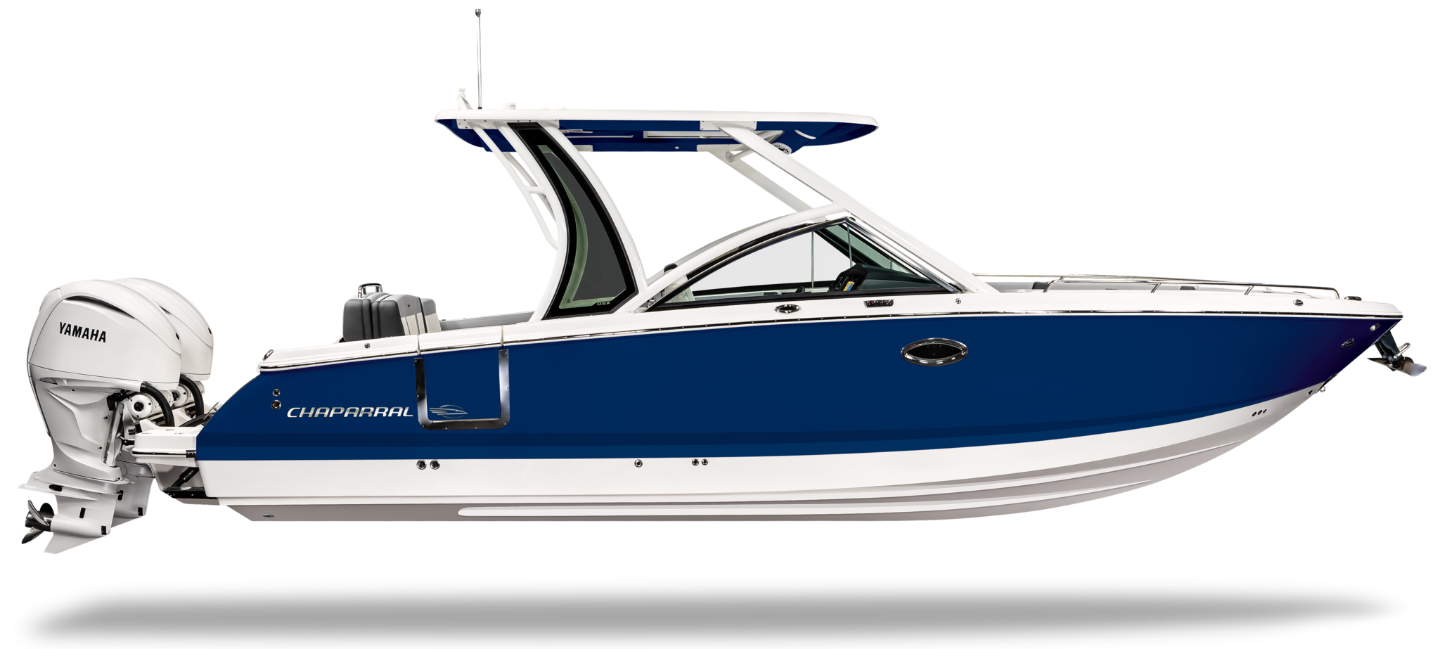 Navy blue and white outboard luxury boat side view