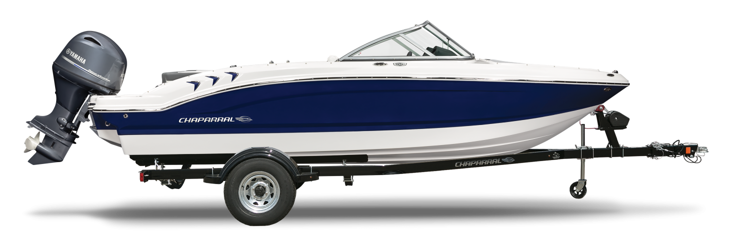 Dark blue sport boat with outboard motor on trailer side view